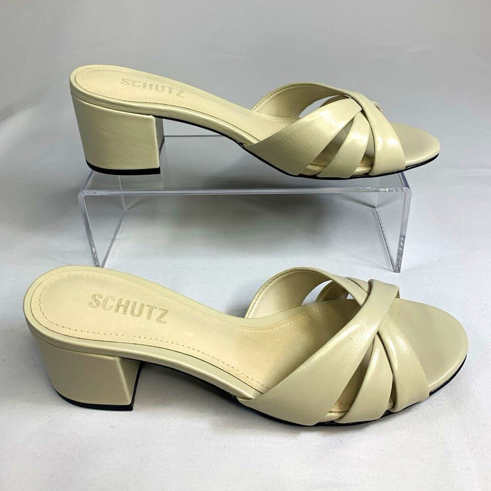 Schutz Women's Beige Leather Slide Sandals Logo Straps Block Heel US 8 EU 39